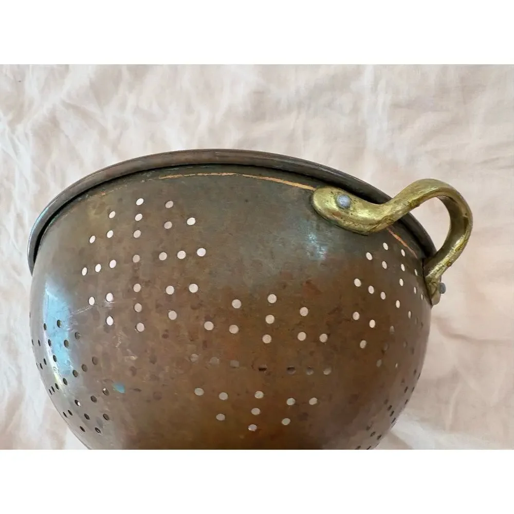 Antique Copper Colander Brass Footed Strainer Cottagecore Rustic Farmhouse